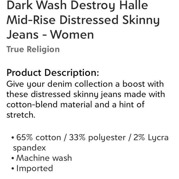 TRUE RELIGION. BNWT!! Size 31 (12) Halle Mid rise distressed skinny jeans - Picture 2 of 6
